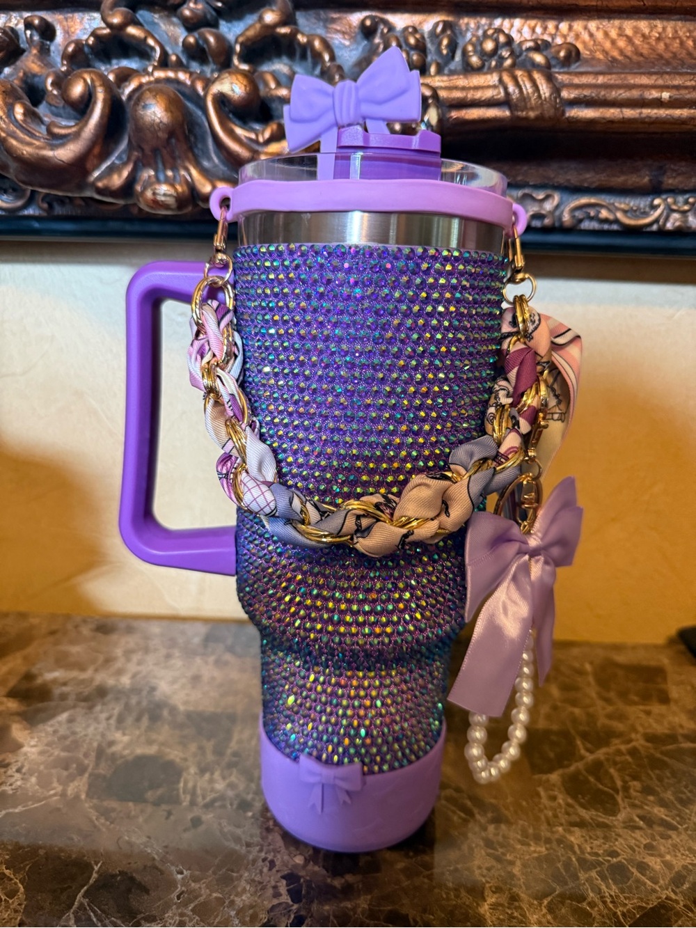 Lavender Rhinestone Embellished Travel Tumbler with Decorative Chain